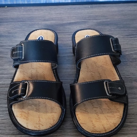 Dr. Scholl's Betcha sandal  black leather top tan bottom women's size 5 - Picture 1 of 12